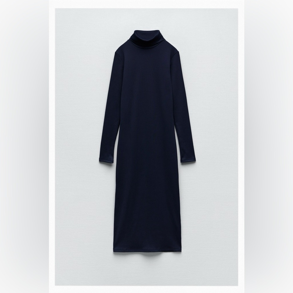 NWT ZARA Fitted Midi Dress Navy Blue Size L